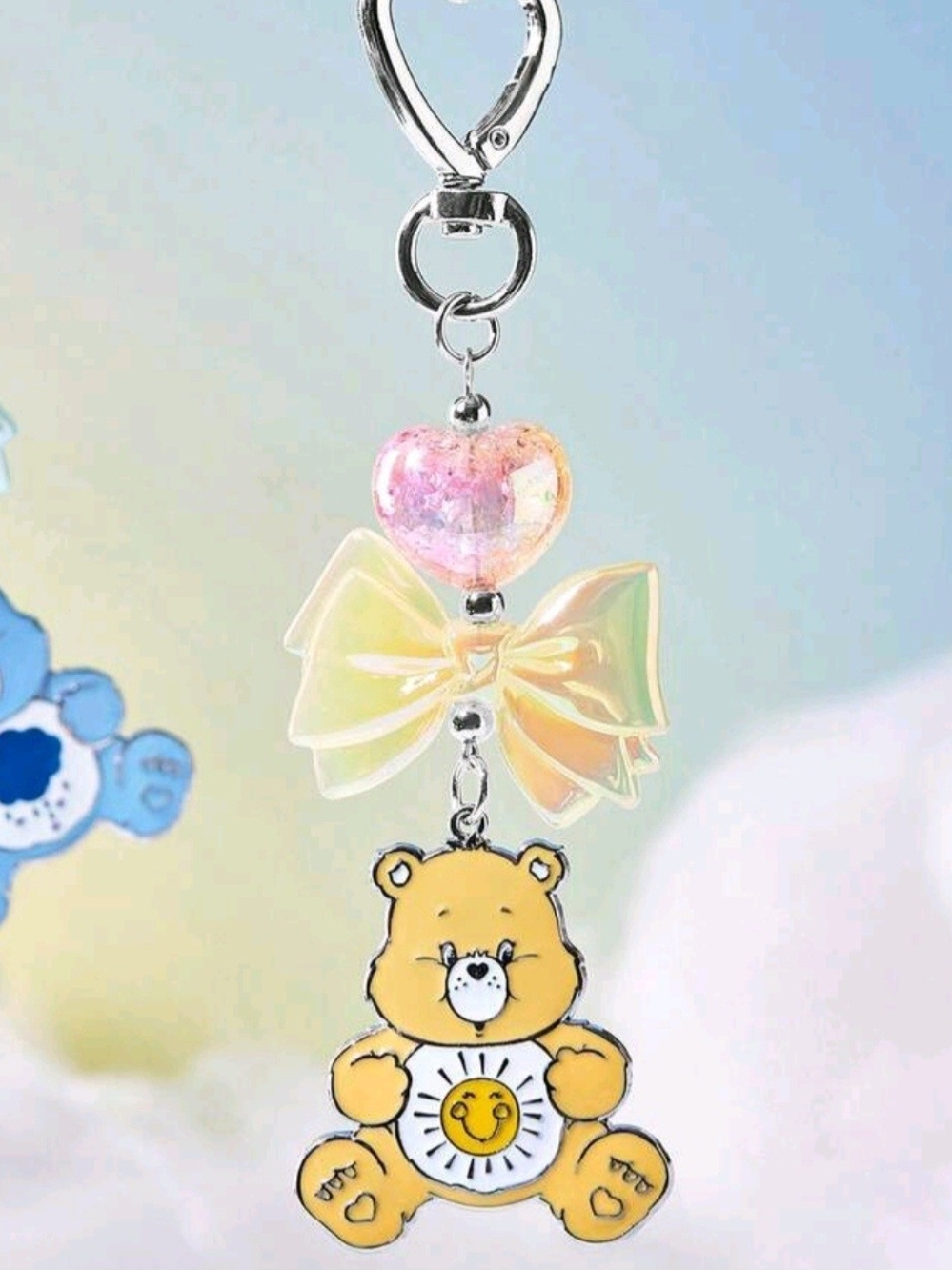 Funshine Care Bears Yellow Bear Keychain with Iridescent Bow and Pink Heart